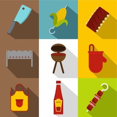 Frying meat icon set, flat style