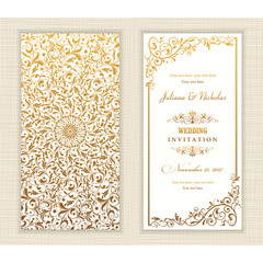 Wedding invitation cards  baroque style gold. Vintage  Pattern. Retro Victorian ornament. Frame with flowers elements. Vector illustration.