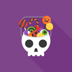 Skull bucket filled with sweets and candy for halloween night, flat icon with long shadow