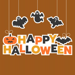 Happy halloween hanging headline with ghost, bat and jack o lantern on striped background suitable for party invitation or backdrop