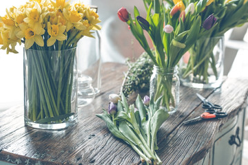 Spring flowers on a wooden table