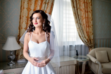 Beauty bride in bridal gown with lace veil indoors