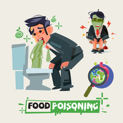 businessman get diarrhea in toilet. man in pain vomiting. food poisioning concept. Man having a stomachache. food poisoning. stomach problems - vector