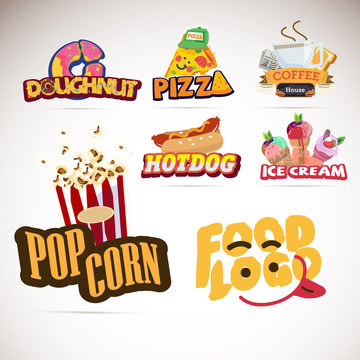 Food Logo Design. Donut. Pizza. Coffee. Popcorn. Ice Cream. Typographic And Logotype  - Vector