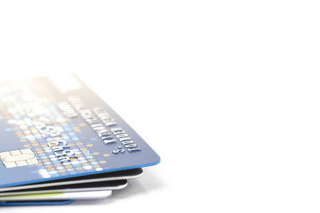 Credit cards stacked on white background