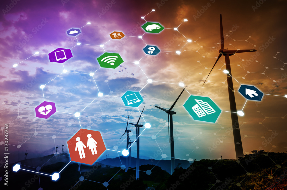 Aufkleber renewable energy and communication network concept. abstract mixed media.