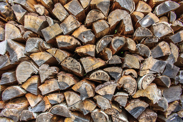 Woodpile of cut lumber for fireplace.