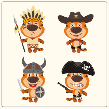 Set isolated tiger in cartoon style for design children holiday and birthday. Funny tiger in costume of viking, american indian, cowboy and pirate.