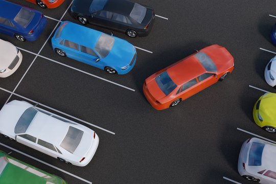 Car is parking in parking lot. 3D rendered illustration. View from top.