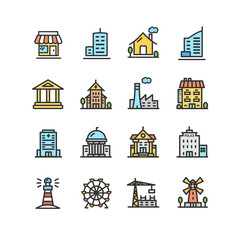 Building House or Home Color Thin Line Icon Set. Vector