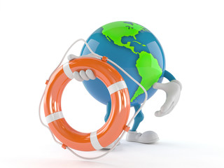 World globe character holding life buoy
