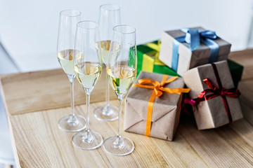 champagne glasses and gift boxes