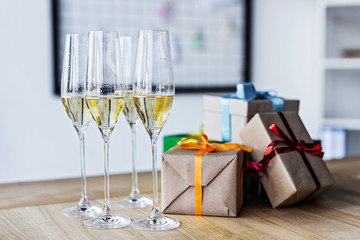 champagne glasses and gift boxes