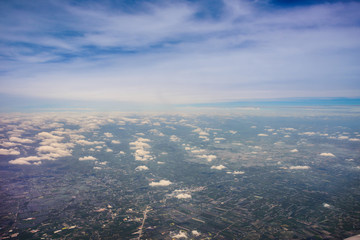 Bird eye view of residential landed early in Thailand. Aerial view from the window of an airplane