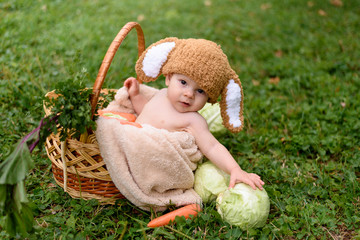 Cute little baby boy in suit of rabbit sitting on the grass in basket with cabbage and carrot. Nature park background	