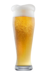 Mug of frosty light beer with foam isolated on a white background