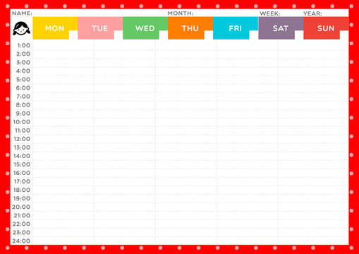 GIRL WEEKLY TIME TABLE
Instant cute weekly time table for girl on red is ready to print. This time table useful for schedule planning.
