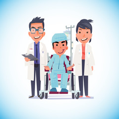 Doctor, nurse and senior woman patient in wheelchair at hospital corridor. healthy and illness concept - vector