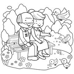 Senior couple sitting on a bench at the park. Vector black and white coloring page.