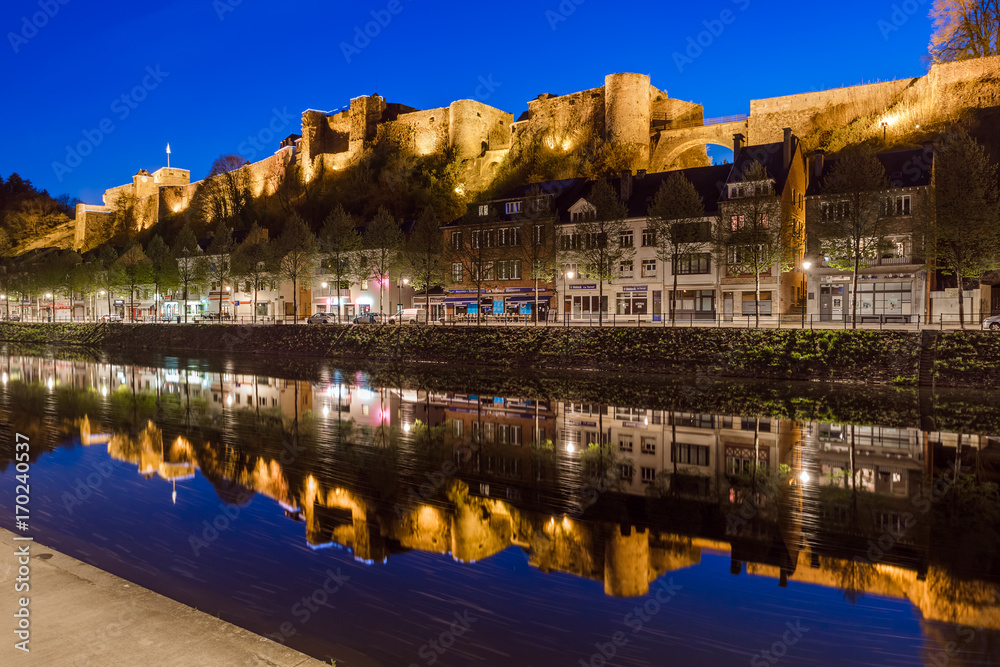 Sticker BOUILLON, BELGIUM - APRIL 19, 2017: Village and Castle on April 19, 2017 in Bouillon Belgium