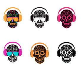 Skull icon with headphones and sunglasses