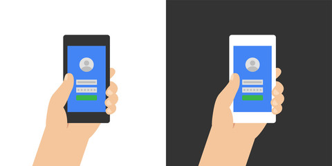 Log in page on smartphone screen. Hand holds the smartphone. Modern Flat design illustration.