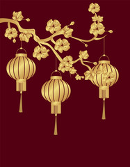 Chinese New Year. Three Chinese lanterns were stylized under bronze on a cherry branch. Round. illustration