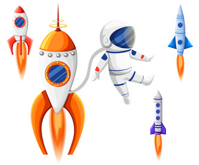 Space Rocket Start Up and Launch Symbol New Businesses Innovation Development Flat Design Icons Set Template Vector Illustration.