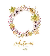 Set of red and yellow autumn watercolor leaves and berries, hand drawn design foliage elements decoration.