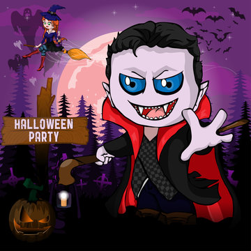 Halloween Party Design template, with vampire, witch,  pumpkin and lamp