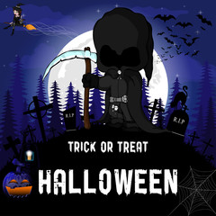 Fototapeta na wymiar Halloween Party Design template, with witch, dark peaper, pumpkin and lamp