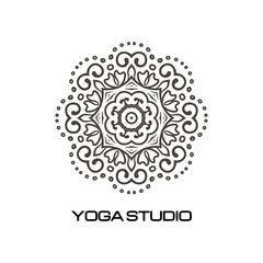 Circular floral ornament symbol logo fitness wellness studio yoga decorative design art banner vector on isolated white background