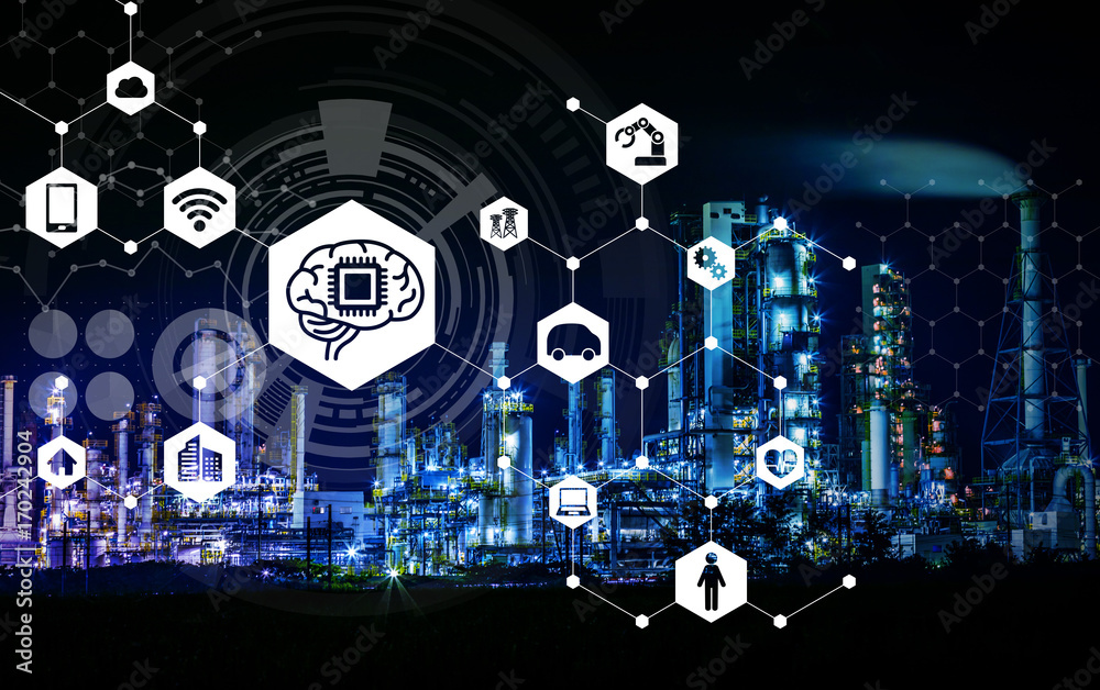 Aufkleber ai(artificial intelligence) and industrial building. smart factory. abstract mixed media.