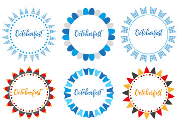 Oktoberfest set of frames, flat or cartoon style. October fest in germany collection of round bunting, flag, design elements .Isolated on white background. Vector illustration