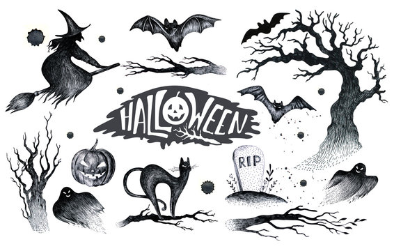 Halloween hand drawing black white graphic set icon, drawn Hallo