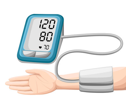 Man checking arterial blood pressure. Digital device tonometer. Medical equipment. Diagnose hypertension, heart. Measuring, monitoring health. Healthcare concept. Vector illustration.