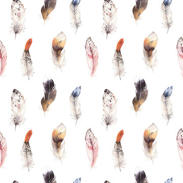 Watercolor natural birds feather boho pattern. Bohemian Seamless texture with hand drawn feathers. Feather boho illustration for your design. Bright blue colors decoration.