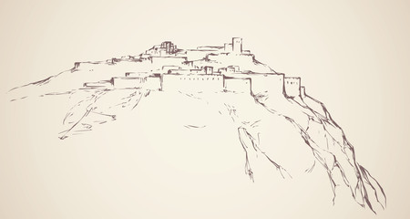 Fototapeta premium Ancient city on rock. Vector drawing