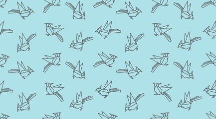 Origami linear woodpecker bird seamless pattern. Japanese outline vector ornament.