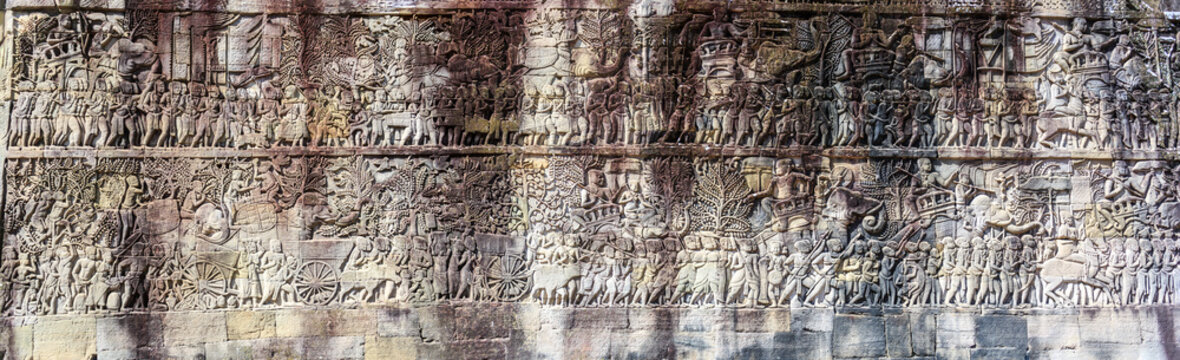Panorama of bas relief at ancient Bayon temple in Angkor Thom, Siem Reap, Cambodia