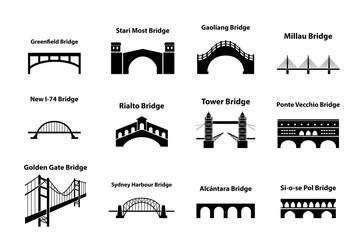 Set of bridge landmark icons in silhouette style