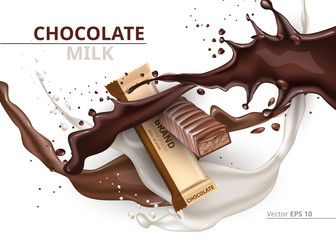 Chocolate bar caramel realistic Mock up Vector label design. Splash and chocolate drops background