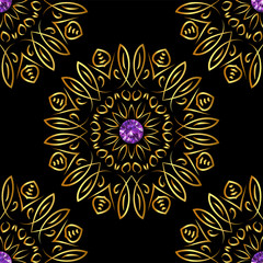 Fototapeta na wymiar Seamless pattern with beautiful golden ornaments and purple gems on black background. Vector floral mandalas