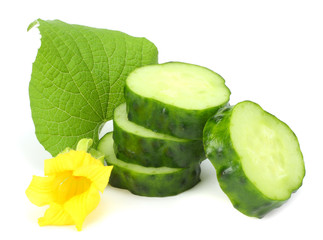 sliced cucumber and leaf isolated on white background