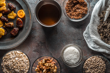Dried fruits, nuts, syrup and cannabis seeds for the preparation of granola