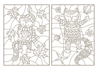 Set contour illustrations of stained glass with funny cats, cat, Cup and scarf on the background of autumn leaves and resting on the beach cat