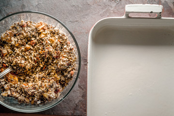 Granola mix and baking dish close-up