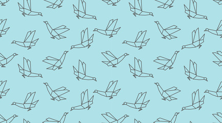Origami linear dove bird seamless pattern on blue background.