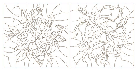 Set contour illustrations of stained glass with flowers,lilies and roses