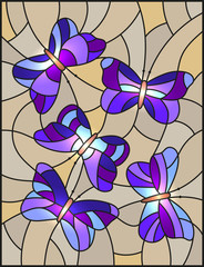 illustration in the style of stained glass with the purple abstract butterflies on a brown background